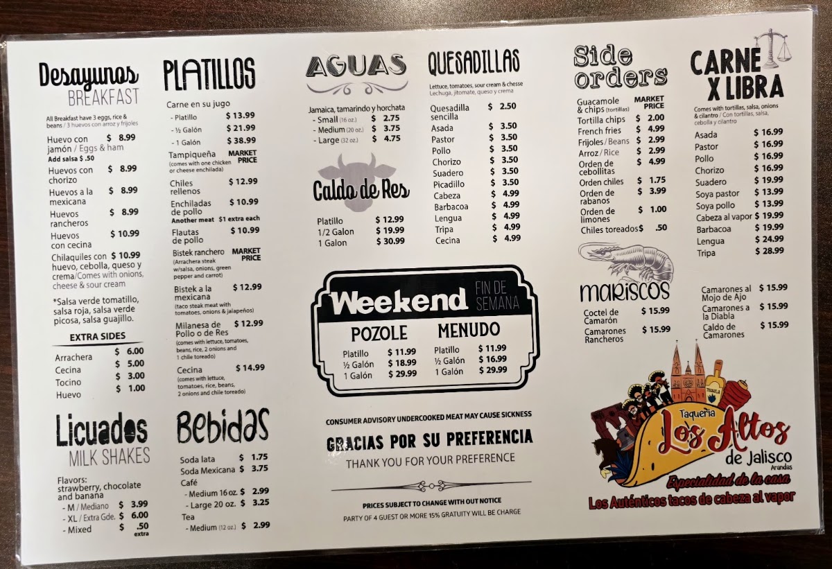 Taqueria Los Altos De Jal menu