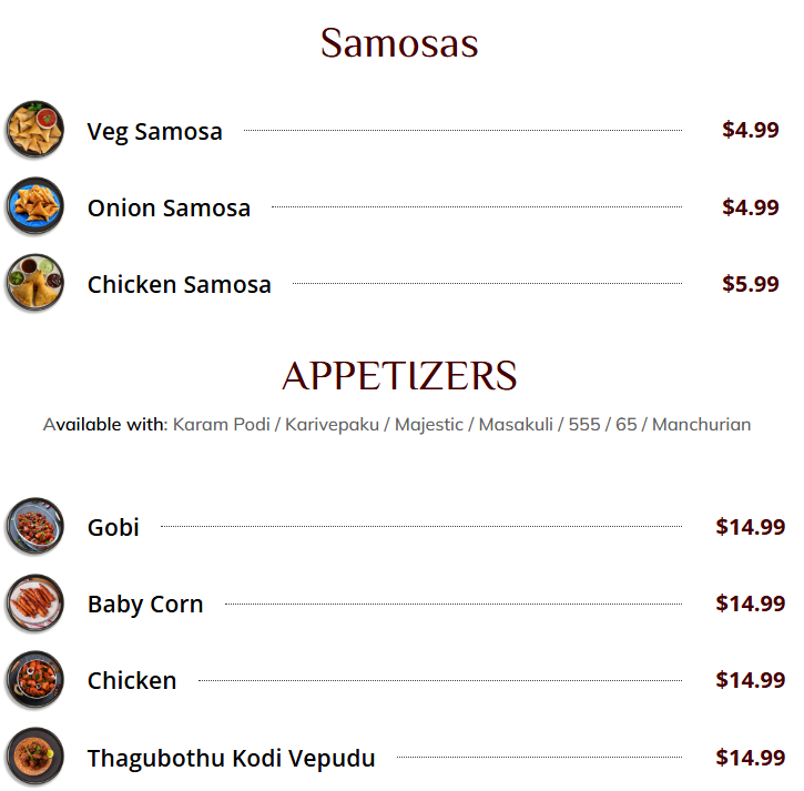 Vijayawada Mess Indian Cuisine food truck menu